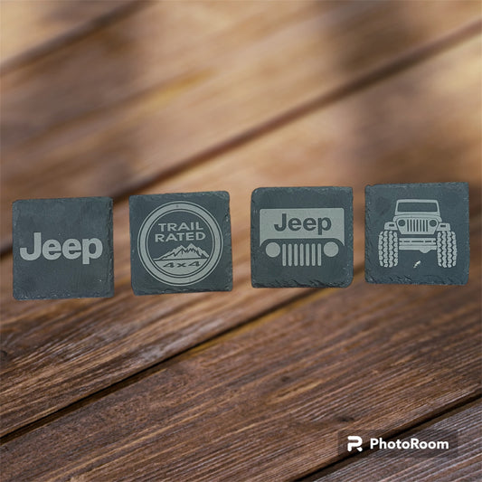 Jeep Laser Engraved Square Black Slate Stone Coasters -Set of 4