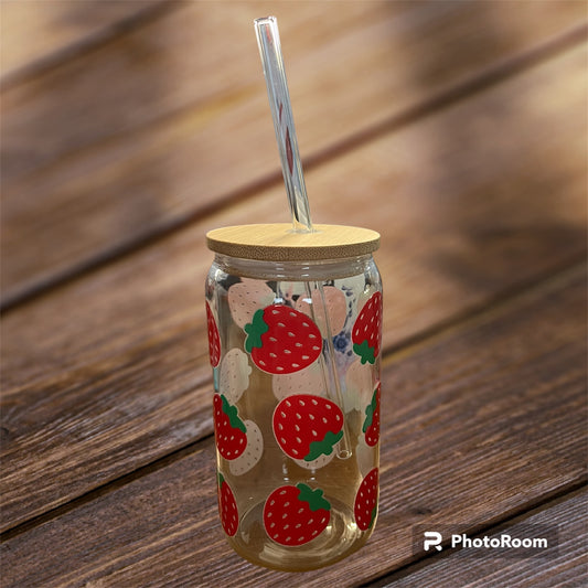 Beer Can Glass with Bamboo Lid and Glass Straw-16oz